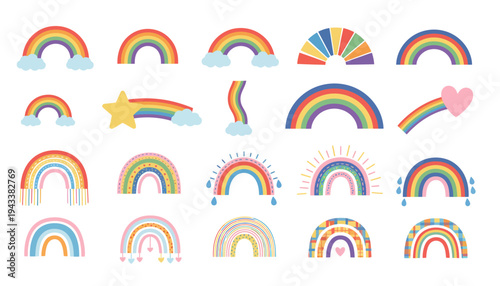 Colorful rainbow stickers with various shapes and symbols are illustrated