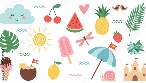 Summer vacation fun with colorful food and beach icons everywhere outside
