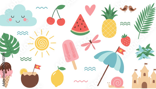 Vibrant summer icons display fruits, treats, and beach elements in a playful arrangement.