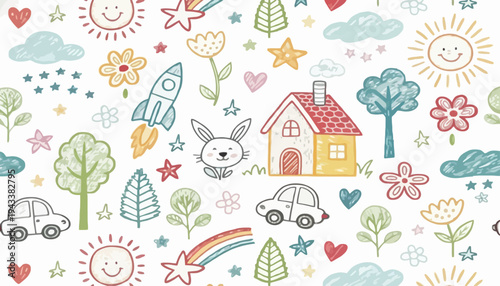 A whimsical scene featuring a rabbit, house, cars, trees, and flowers under a sunny sky with clouds and stars