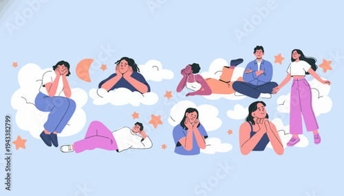People relax on clouds with stars and moon in daytime sky
