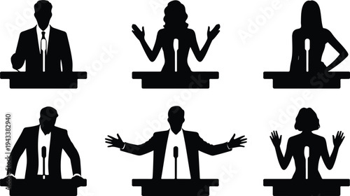 Public speaker silhouettes giving speech behind podium set of politicians and lecturers making presentation