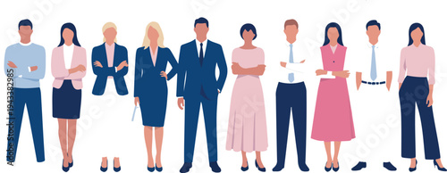 Large group of business people standing in line diverse professional office workers in modern flat art style