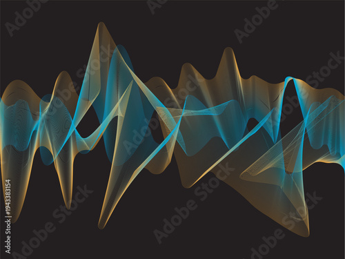 Abstract flowing neon wave lines on a dark background forming a dynamic sound or data visualization. Futuristic digital design with glowing curves representing audio signals, technology, music frequen