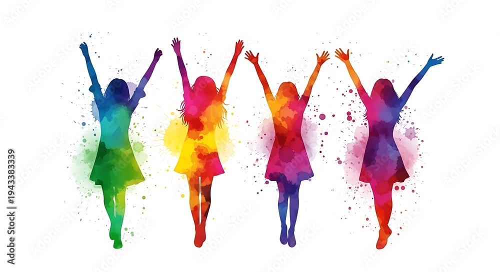 Obraz premium Silhouette figures of women in colorful watercolor forms with arms raised, on a white backdrop