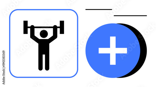 Fitness icon. A weightlifting figure and blue plus symbol fitness and health. Fitness promotes strength, active living, and wellness. Ideal for gyms, healthcare, and active branding