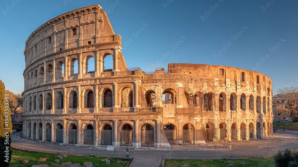 Obraz premium Rome's ancient Colosseum, a major Italian landmark, stands beautifully in the morning light. Its impressive architecture makes it a top attraction.