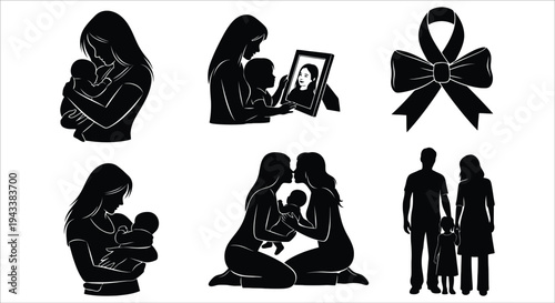 Collection of black and white family silhouettes depicting motherhood grief and unity Vector