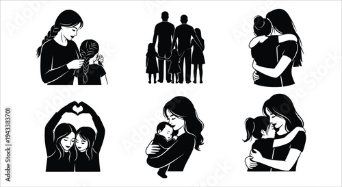 A collection of black and white illustrations depicting family love, motherhood, and care Vector