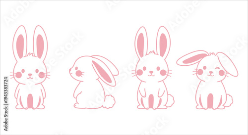 A collection of cute pink cartoon bunnies in various poses for easter and spring themes. Vector