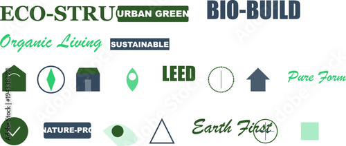 Green building architecture sustainability concept logos, eco-friendly design icons for urban development and organic living.