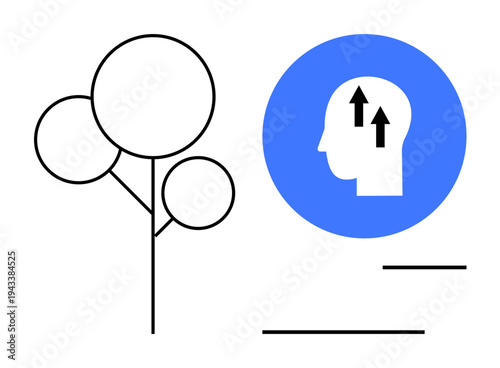 Growth concept. Line art tree and head with arrows personal development, progress, and growth. Growth in productivity, life improvement, mindset, leadership, and innovation