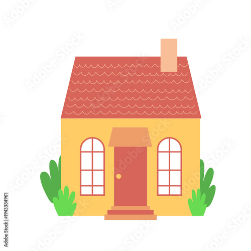 Flat vector illustration of a small yellow house with red roof and arched windows isolated on white background.
