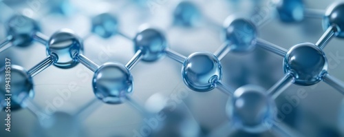 3D render Close-up of a blue, translucent molecular lattice. Shiny glass-like spheres connected, symbolizing advanced science, biotech research and chemical innovation., Nanoscience,