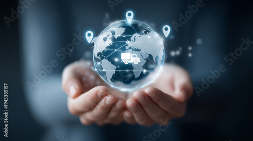 Hands holding a holographic globe with location pins and a truck icon represent global logistics, shipment tracking, and connected delivery networks.

