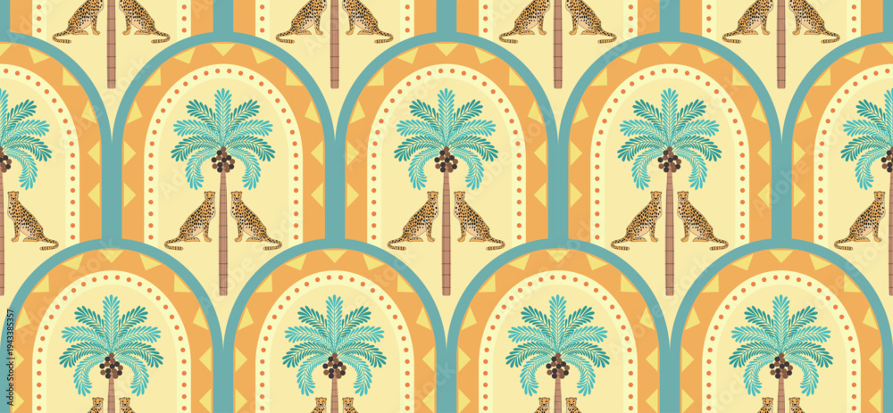 Naklejka premium Vector Hand drawn colourful geometric flowers ,palm tree, seamless patterns for fabric tropical Pattern, textiles, clothing, wrapping paper, backdrop, banner.