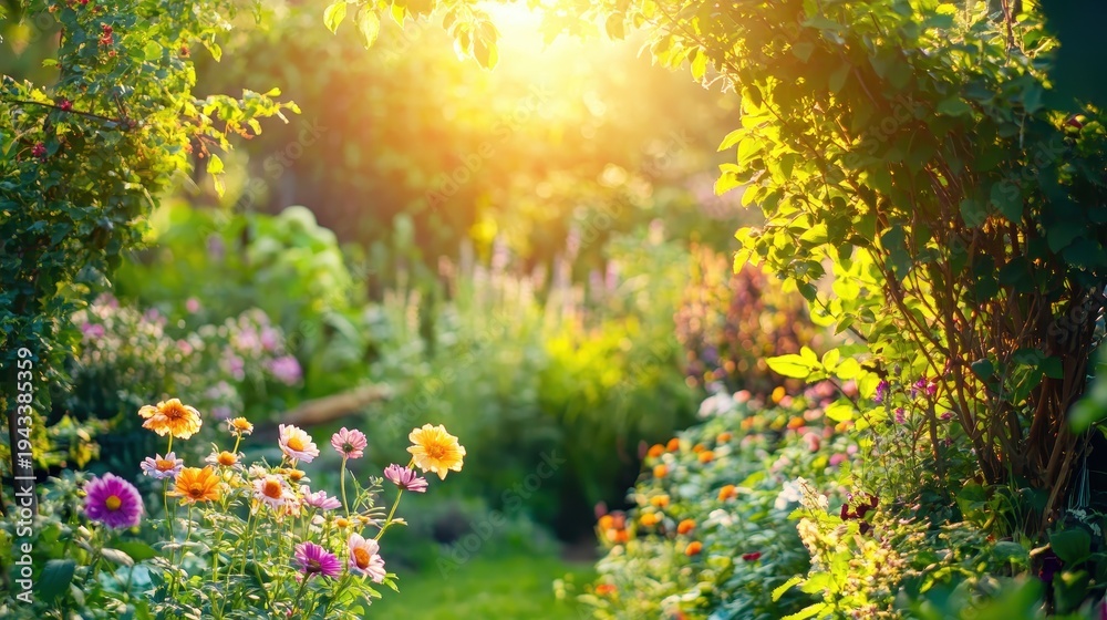 Fototapeta premium A sun-drenched garden bursting with vibrant flowers and lush green foliage, embodying natural beauty and growth.