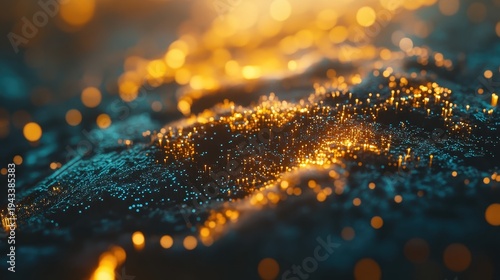Abstract Digital Data Flow with Glowing Orange and Blue Particles Representing Advanced Technology and Network Connections