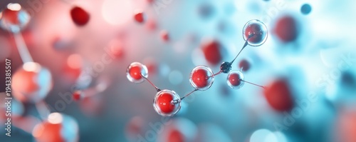 Abstract 3D molecular render Red cells in transparent capsules linked in focus, on a bokeh-filled red-blue science background. Concept Cellular biology and medical