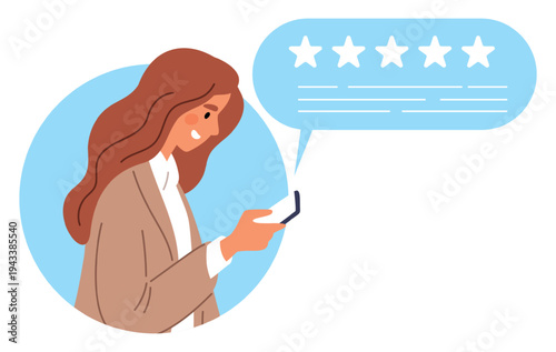 Young woman with phone rates app or online service. Client evaluation. Positive review. Satisfaction feedback rank. Customer experience. Mobile application. Five stars. Vector concept
