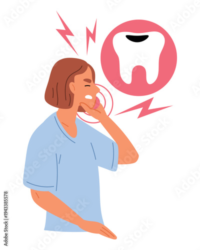 Young woman suffers from toothache. Girls teeth hurt because of molar decay. Dentist patient. Painful sensitive tooth. Mouth ache. Medical symptoms. Caries cavity pain. Vector concept