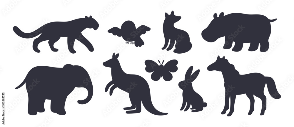 Fototapeta premium Silhouettes of cartoon animals. Wild fauna. Kangaroo and elephant. Owl bird and butterfly flying. Forest rabbit. Horse black figure. Hippopotamus and tiger. Vector graphic elements set