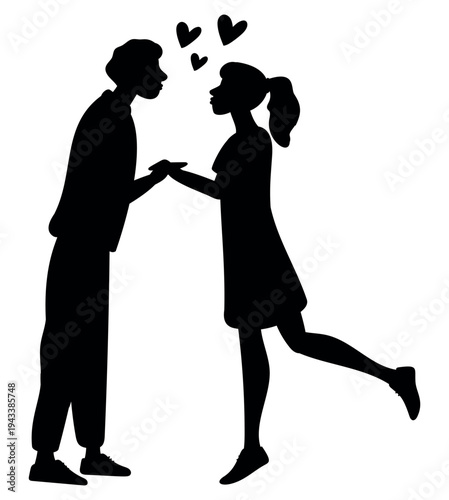 Silhouette of couple in love. Man and woman reaching out each other for kiss. Romantic feelings. Beloved people embrace. Boyfriend and girlfriend relationship. Lovers hug. Vector concept