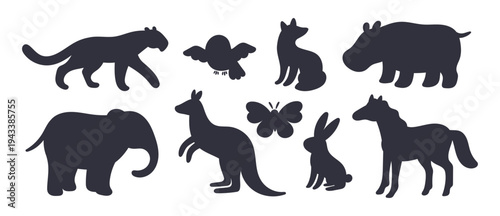 Silhouettes of cartoon animals. Wild fauna. Kangaroo and elephant. Owl bird and butterfly flying. Forest rabbit. Horse black figure. Hippopotamus and tiger. Vector graphic elements set