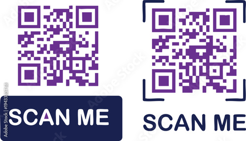 Purple QR code icons with SCAN ME text digital data matrix symbols for mobile scanning and marketing isolated on white background