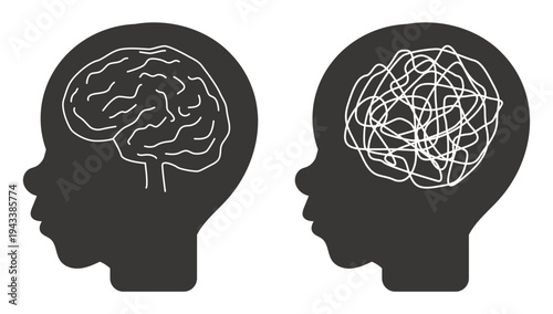 Silhouette of childs head with brain and tangled threads of psychological problems. Messy thinking. Psychiatric disorder. Psychoanalysis treatment. Order or chaos in minds. Vector concept