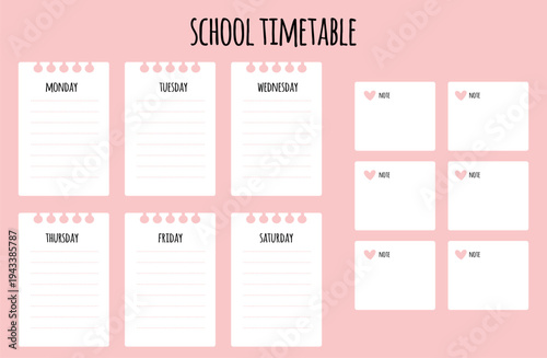 School weekly lesson schedule template on pink background with fields for notes. Blank notepaper pages. Daily organizer reminder. Lessons planning list. Vector students timetable design