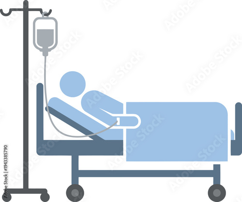 Professional illustration of a hospital bed equipped with an IV drip, depicting medical care and patient recovery in a clean clinical environment.