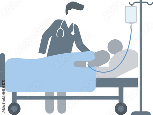 Professional illustration of a doctor examining a patient in a hospital setting with proper medical equipment and lighting.