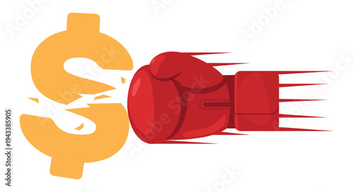 Red boxing glove smashes yellow dollar sign. Currency crash. Finance crash. Hand beating at money. Kickboxing attack. Uppercut to economy hegemony. Vector concept of dedollarization