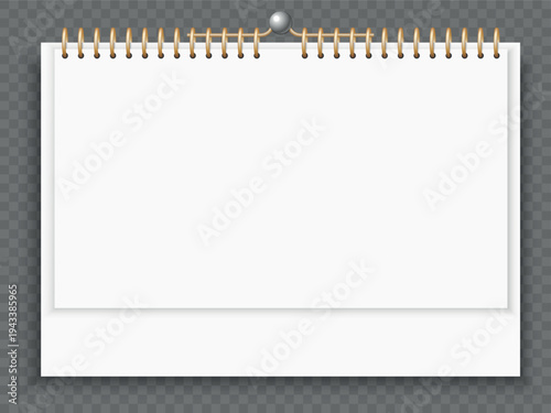 Realistic calendar mockup with spiral binding for tear off pages on transparent background. Organizer empty sheets. Notepaper with ring binder. Pinned notepad. Vector office stationery