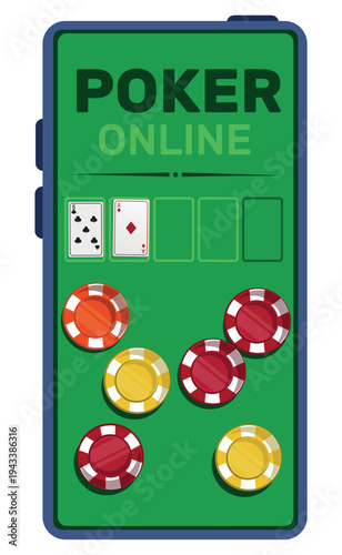 Mobile phone with online poker app on screen. Playing ace cards and casino chips. Web gambling. Smartphone application display. Roulette win tokens. Digital money game. Vector concept