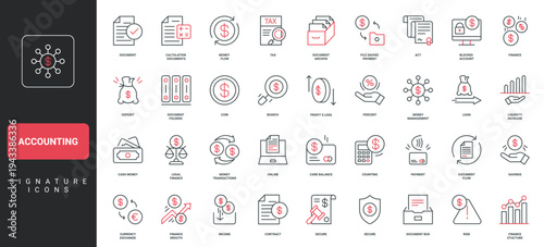 Accounting, tax and revenue, budget balance of business company line icon set. Statement, analysis of accountant, money transaction, deposit thin black and red outline symbols vector illustration