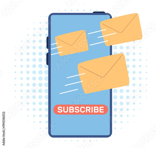Mobile phone with button subscribe to news or correspondence. Newsletter subscription. Smartphone screen with flying envelopes. Letter sending app. Electronic newspaper. Vector concept