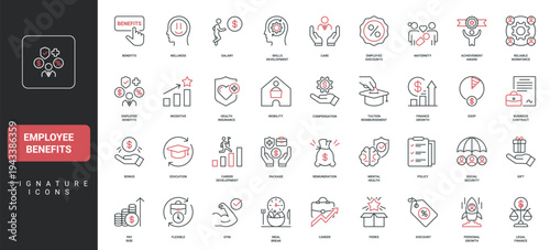 Employee benefits, salary and career development, wellness and health insurance line icon set. Education and tuition reimbursement, discounts thin black and red outline symbols vector illustration