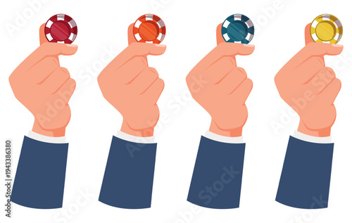 Mens hands hold colorful casino chips for gambling. Roulette wager. Tokens for Vegas gaming. Gamble round coin. Winning circles. Show gesture. Blackjack betting Gambler arms vector set