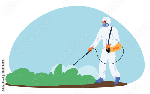 Man in special suit sprays pesticides on plants to control pests. Toxic herbicides sprayer. Insect exterminator. Plantation harvest protection. Agricultural chemistry. Vector concept