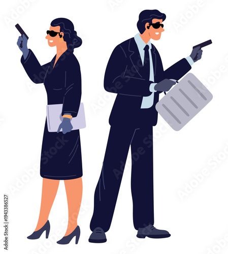 Man and woman. Two secret agents or spies with pistols in their hands. Spy and surveillance. Undercover job. People holding briefcases and guns. Male and female killers. Vector concept