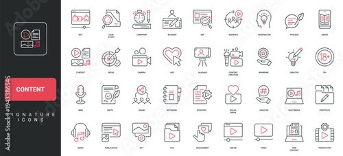 Content creation process and imagination of creator, publication on social media line icon set. Video, web content production and strategy thin black and red outline symbols vector illustration