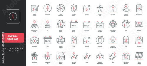 Energy storage and power generation system, battery, demand management line icon set. Accumulators, wind and solar station, electric car thin black and red outline symbols vector illustration