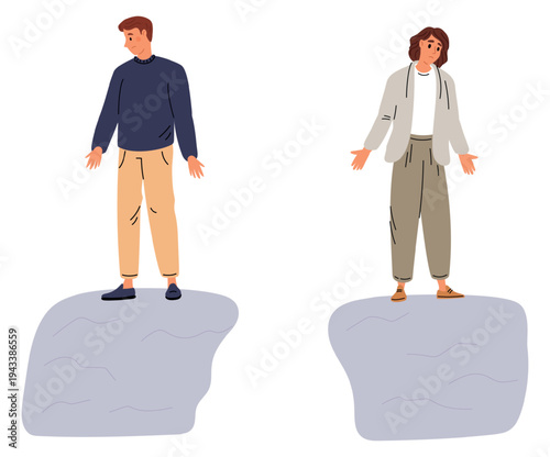 Man and woman stand on opposite sides of chasm. Family quarrel. Couple breakup. Relationship problems. People misunderstanding and disagreement. Gap between male and female. Vector concept