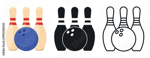 Icon of bowling ball and three pins for game. Sport competition. Skittles strike. Shot tournament. Gaming club. Sphere rolling into standing pins. Vector color or black silhouette signs set