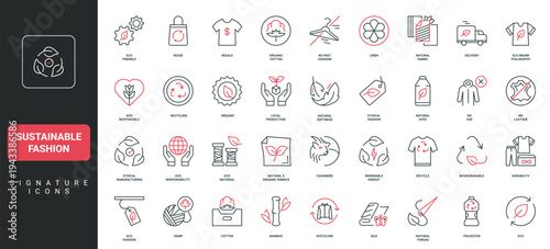 Sustainable fashion, natural thread and eco organic, biodegradable fabric material line icon set. No leather and fur, ethical production thin black and red outline symbols vector illustration