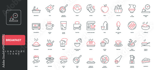 Breakfast, morning food and drink, microwave line icon set. English breakfast, French omelet and fried eggs, coffee and croissant, cookies thin black and red outline symbols vector illustration