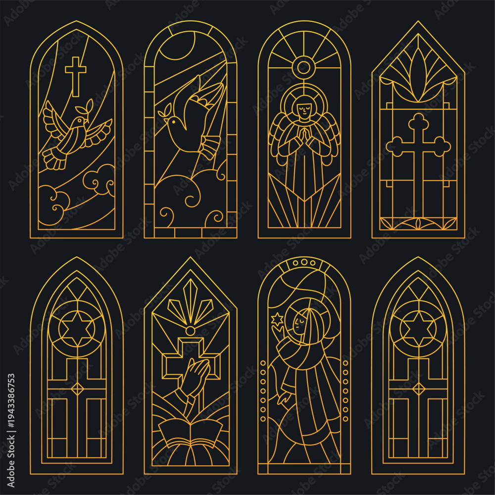 Obraz premium Golden contour patterns of stained glass windows. Christian chapel ornament. Christianity architecture. Gothic windowsill. Vector set of religious line elements with biblical scenes