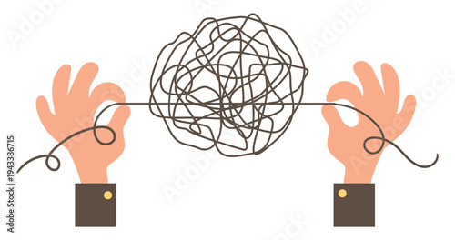 Hands holding large ball of tangled thread. Complex problem. Confusing situation. Mental mess. Psychological disorder treatment. Psychologist consultation Entangled mind. Vector concept